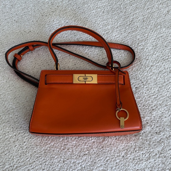 Tory Burch Lee Radziwill Petite Bag Orange Italian Leather Gold Hardware Handle - Picture 2 of 16